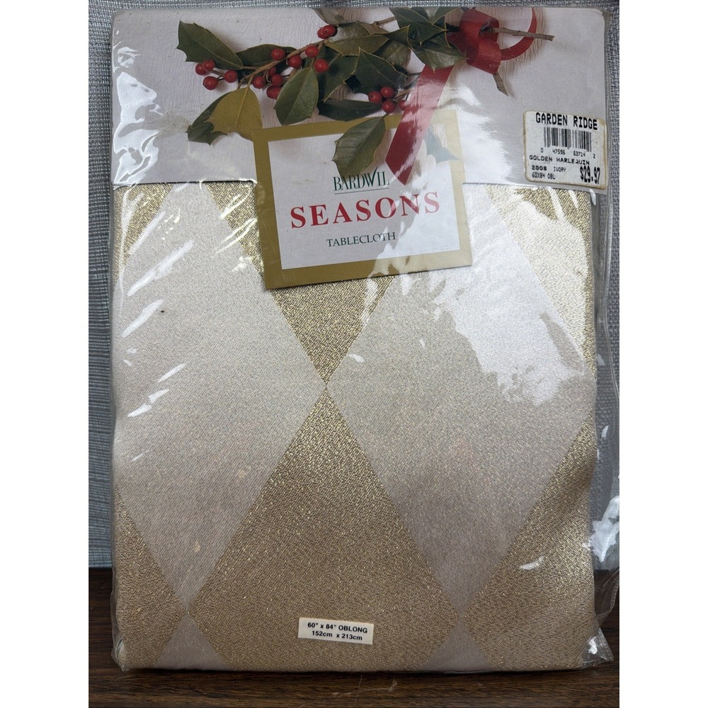 Vintage 2008 Bardwil Seasons Tablecloth 60 X 84 Oblong Golden Harlequin Ivory